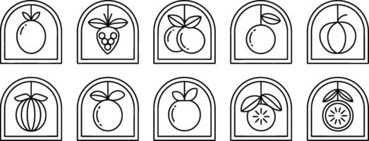 Minimalist fruit icons collection with arched frame isolated on white background vector
