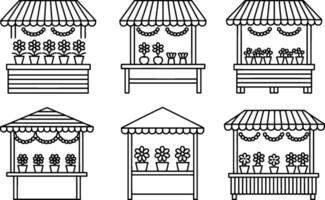 Outlined flower market stalls with assorted structures and decoration isolated on white vector