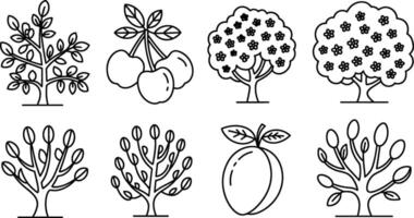 Collection of various tree fruit icons in minimalist line art style vector