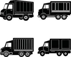 Set of four different truck silhouette illustrations in black and white vector