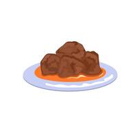 Flat illustration of Indonesian beef rendang on plate vector