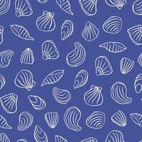 Hand drawn whimsical seashell pattern. Marine life illustration. Ocean shells silhouette on blue background. Coastal drawing, aquatic print for fabric, wrapping paper, textile vector