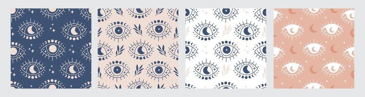 Boho seamless pattern set. Hand drawn evil eye flat illustration. Magic witchcraft third eye with moon phases. Ornament for celestial print, fabric, wallpaper, textile, magical decor, apparel. vector