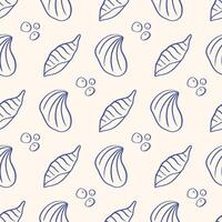 Hand drawn sea shells pattern. Doodle seashell illustrations. Coastal whimsical drawing. Mediterranean print with seaweed. Marine life sketch on beige background. vector