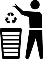 A simple, black and white graphic illustrating a person disposing of recyclable material into a recycling bin. vector