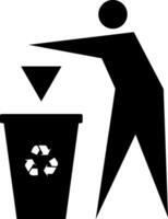 A simple black and white illustration of a person discarding pieces of waste into a trash can. vector