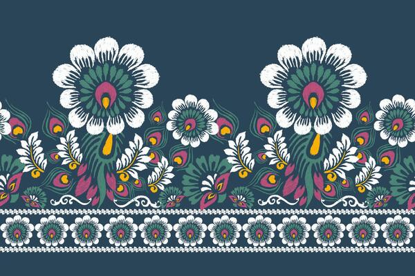 Ikat floral embroidery on navy blue background.Ikat ethnic oriental pattern traditional,Aztec style,abstract background, illustration.design for texture,fabric,clothing,sarong,decoration,print.