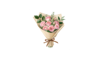 bouquet of pink roses wrapped in brown paper on transparent background. png