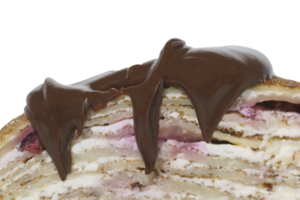 close-up of chocolate streaks, drops of chocolate flowing from top to bottom on a pancake cake, Shrovetide week, isolated on transparent background, png
