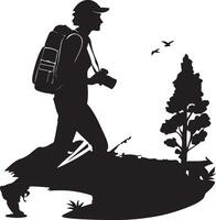 Silhouette of a hiker with camera and backpack vector