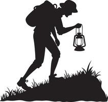 Silhouette of a backpacker with a lantern vector