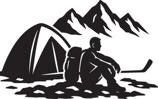 Silhouette of a camper resting near a tent in the mountains vector