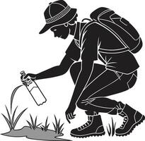 Silhouette of a hiker pouring water on plants vector