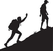 Silhouette of hikers assisting each other on a mountain vector