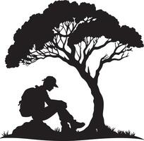 Silhouette of a backpacker resting under a tree vector