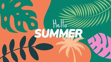 Hello Summer Tropical Banner. Abstract Design with Palm Tree and Monstera Leaves in Vibrant Colors. summer background or banner design template. vector