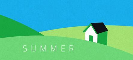 Minimalist Village Summer Scene background or banner design template. Flat Design Illustration of a House on a Green Hill with SUMMER Text. summer background or banner. vector