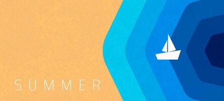 Minimalist Summer Beach Illustration background or banner design template. Abstract Sand and Water Layers with Sailboat. Serene Coastal Scene with SUMMER Text. vector