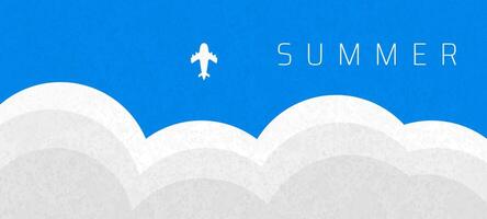 Minimalist Summer Travel Illustration background or banner. Flat Design Airplane Flying Over Clouds with SUMMER Text on Blue Sky. summer background or banner design template. vector