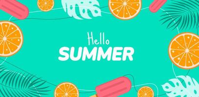Hello Summer background or banner design template. Summer Treats Banner with Ice Cream and Orange Slices. Colorful Seasonal Design for a Refreshing Theme. Cheerful Seasonal Design with Vibrant Color. vector