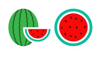 Watermelon fruit collection icon. A green and red graphic showing whole and sliced watermelon, symbolizing refreshing summer fruit. vector