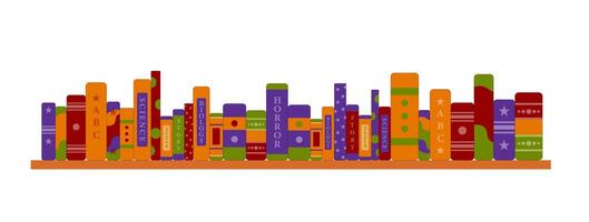 Vibrant Bookshelf Illustration Featuring Diverse Genres and Subjects in a Colorful, Organized Layout. book design. library book design. vector