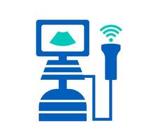 Medical ultrasound machine. A blue graphic of an ultrasound machine with a monitor and probe, representing diagnostics, imaging, and prenatal care. vector
