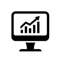 Online trend analysis monitor icon. A solid black graphic of a computer monitor displaying a line graph, symbolizing digital trends. vector