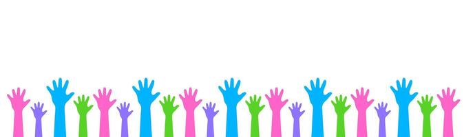 Vibrant raised hands border design. A flat, colorful graphic pattern featuring simple, repetitive hand forms for a lively, unified aesthetic. vector