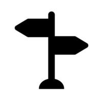 Signpost icon. A solid black graphic with two directional arrows, symbolizing choice, direction, navigation, and decision-making. vector