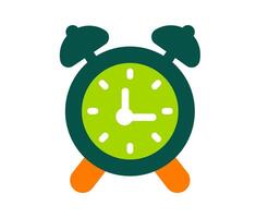 Minimalist alarm clock. A stylized graphic of a dark green alarm clock with a light green face, white hands, and orange feet, symbolizing time, punctuality, or a wake-up call. vector