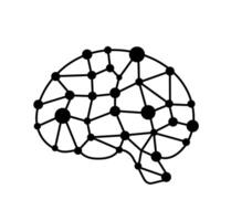Neural network brain outline. A minimalist outline graphic of a human brain with interconnected dots, representing complex thought and digital intelligence. vector