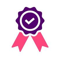 Award rosette with checkmark icon. A colorful graphic with purple and pink, symbolizing quality, validation, achievement, and certification. vector