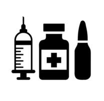 Medical injection instruments. A graphic grouping of a syringe, medicine bottle, and vial, representing vaccinations, medication, and clinical procedures. vector