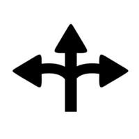 Three-way arrow junction icon. A solid black graphic symbolizing choice, direction, crossroads, navigation options, and decision-making. vector
