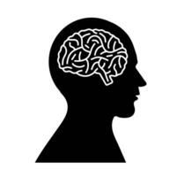 Human brain profile silhouette. A solid black silhouette of a human head with a detailed brain outline, representing mental health and cognitive function. vector