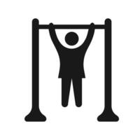 Pull up exercise icon. A solid black graphic of a person on a pull-up bar, symbolizing fitness, strength training, and upper body workout. vector