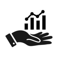 Data presentation hand icon. A solid black graphic of a hand holding a bar chart, symbolizing data analysis and reporting. vector