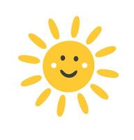 Smiling sun weather icon. A yellow graphic with a happy face, symbolizing daylight, warmth, and joy. vector