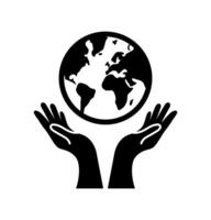 Hands holding globe icon. A black outlined graphic symbolizing global care and environmental responsibility. vector
