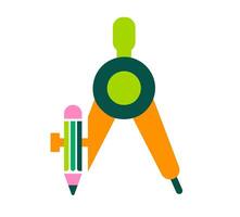 Orange and green geometry compass with pencil. A stylized graphic of a geometry compass with orange arms, a green accent, and a green pencil attached, symbolizing mathematics, drawing, or precise vector