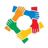 Interlocking hands circular graphic. A flat, abstract design with diverse colored hands forming a unified circle, symbolizing connection and teamwork. vector