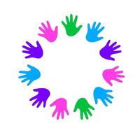 Inclusive hands circle graphic. A consistent circular arrangement of abstract, multi-colored hand shapes, symbolizing diversity and universal support. vector