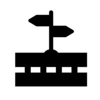 Directional signpost icon. A solid black graphic with multiple arrows, symbolizing choices, diverse paths, and complex navigation options. vector