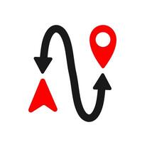Winding route with pins icon. A red and black graphic symbolizing complex navigation, travel paths, and multiple destinations. vector