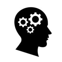 Strategic thinking mind icon. A solid black silhouette of a head with gears inside, symbolizing intelligence, process, and innovation. vector