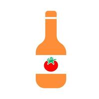 Tomato sauce bottle icon. An orange graphic with a tomato, symbolizing ketchup, condiments, and cooking ingredients. vector