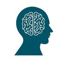 Human brain profile silhouette. A solid teal silhouette of a human head with a detailed brain outline, representing mental health and cognitive function. vector