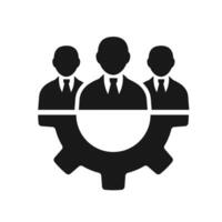 Teamwork management process icon. A solid black graphic of a gear with three people, symbolizing collaboration and corporate human resources. vector