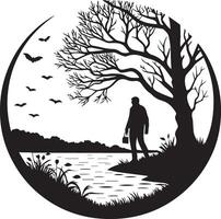 Silhouette of a man by a lake under a bare tree vector